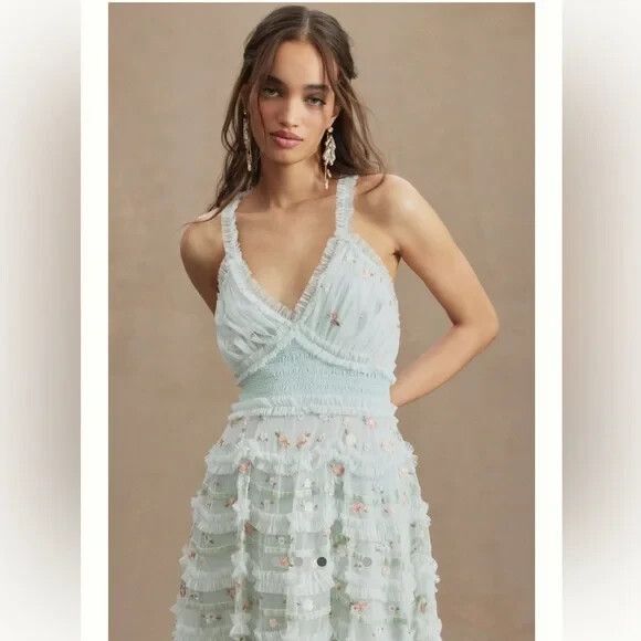 NWT $798 Mac‎ Duggal 8037 Halter Neckline Ruffle Floral Gown Blue NWT - Picture 3 of 10